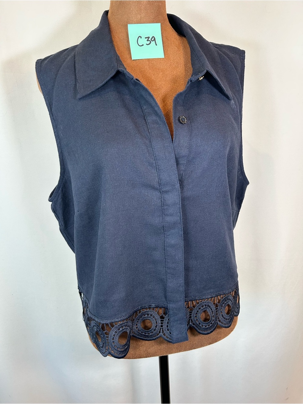 Michael Kors Navy Sleeveless Button-Front Top with Crochet Hem
